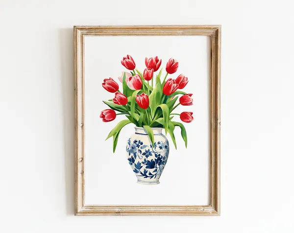 Tulips Red Bouquet Vase, Bohemian Modern Art Print