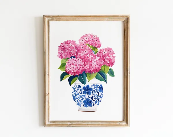 Pink Hydrangea Print, Bohemian Floral Wall Art