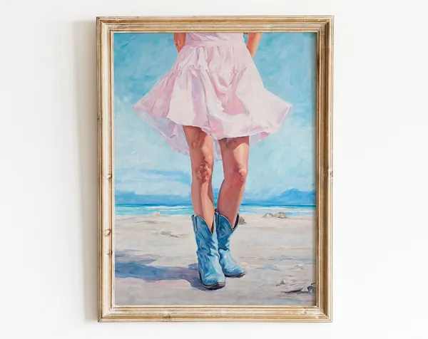 Cowgirl Boots Print, Retro Western Coastal Decor