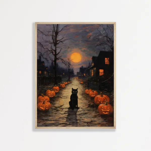 Black Cat Halloween Painting, Dark Academia Decor