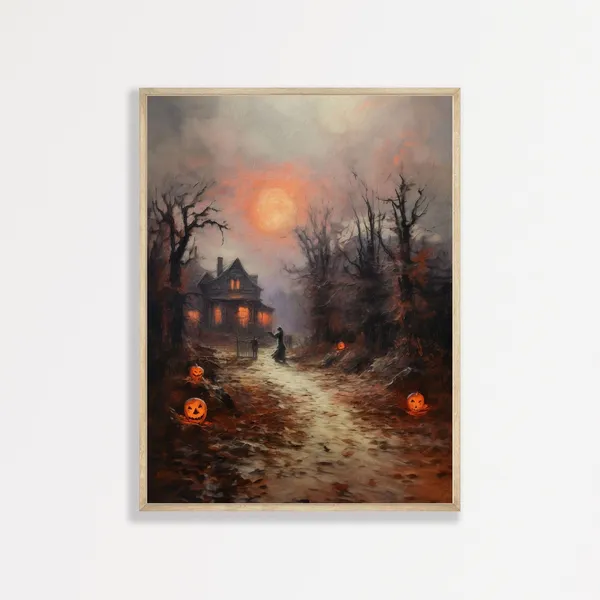 Halloween Landscape Painting, Retro Dark Academia Art Print