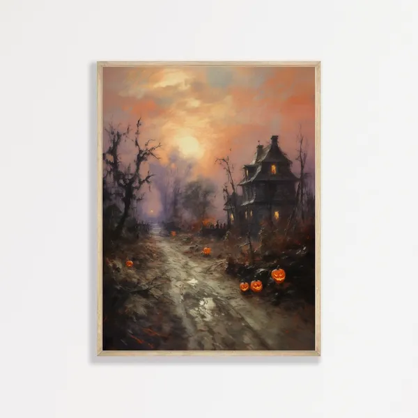 Autumn Evening Halloween Oil Painting Poster, Retro Landscape