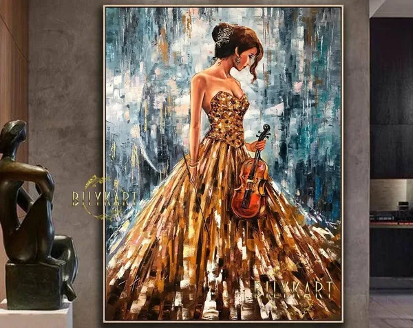 Girl With Violin Abstract Oil Painting, Modern Art Print