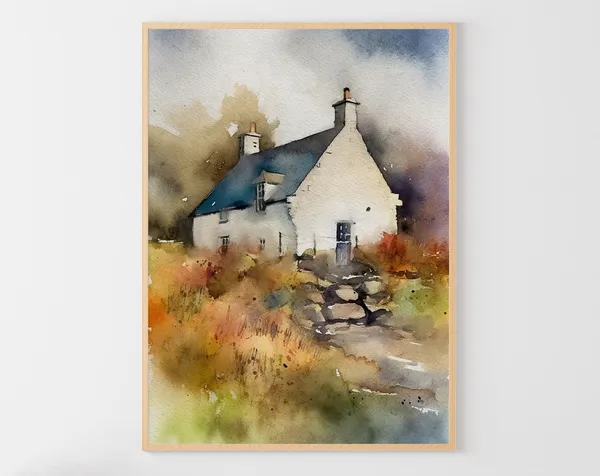 Scottish Cottage Watercolor, Scotland Landscape Art Print
