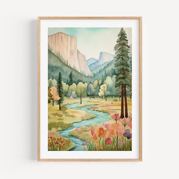 Yosemite National Park Watercolor Art Print, Modern Travel