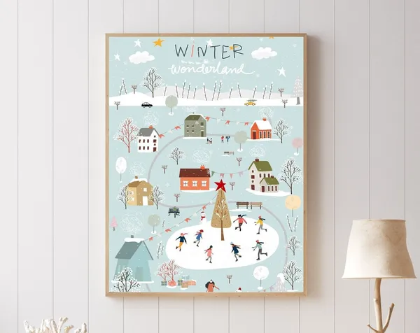 Bustling Snowy Village Christmas Art Print