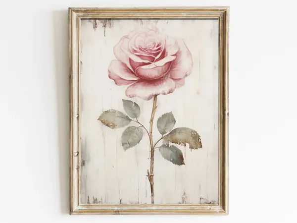 Pink Rose Floral Farmhouse Art Print, Rustic Decor