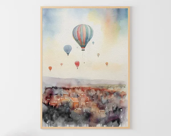 Hot Air Balloon Over Town, Watercolor Travel Poster