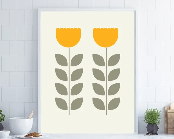 Geometric Flower Mid-Century Art Print, Retro