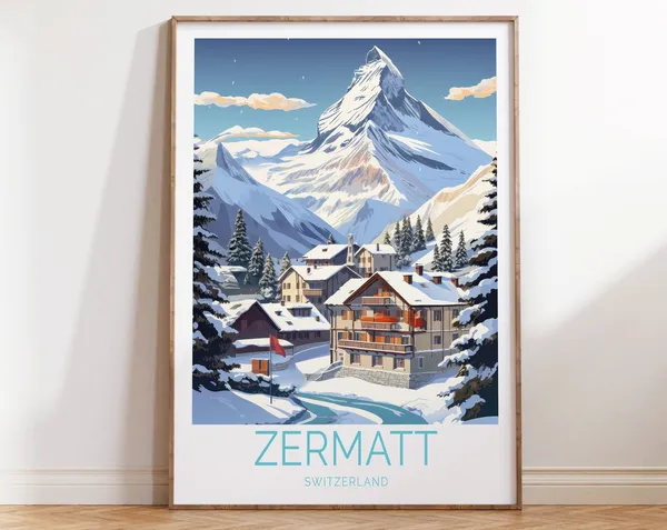 Zermatt Switzerland Travel Poster, Winter Travel Art
