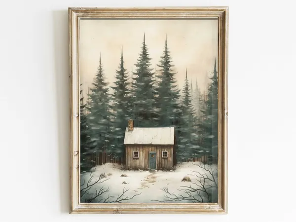 Vintage Forest Cabin Print, Rustic Home Decor
