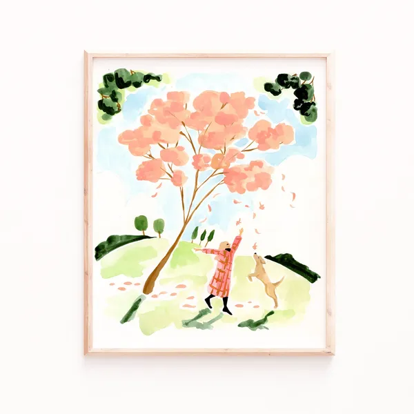 Fall Leaves Art Print, Autumn Girl and Dog