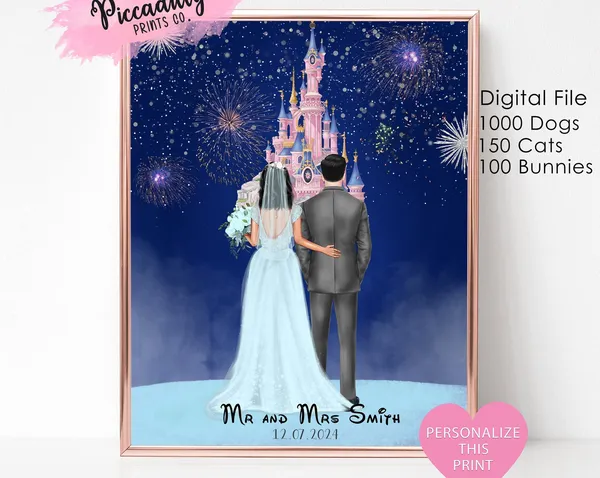 Personalised Disney Wedding Portrait Print With Pets