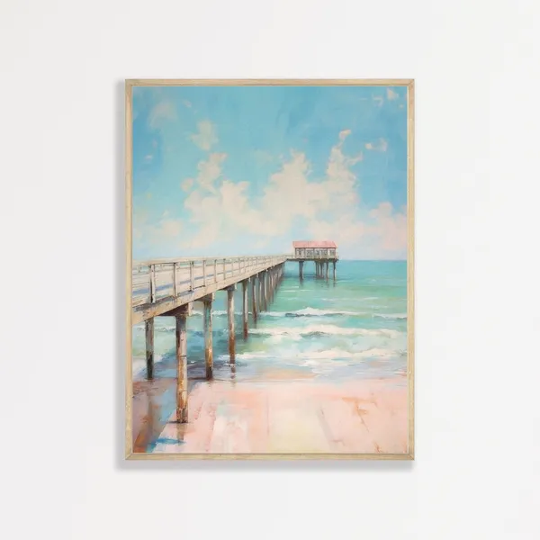 Retro Coastal Pier Painting Beach Landscape Art Print