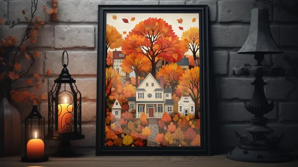 Vintage Thanksgiving Folk Art Poster, Autumn Home