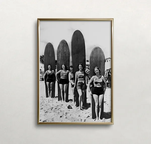 Women Surfers Black And White Vintage Art Print