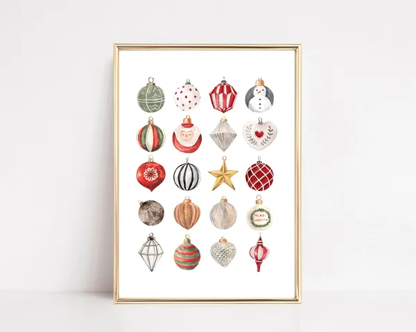 Christmas Ornaments Art Print, Classic Holiday Decor