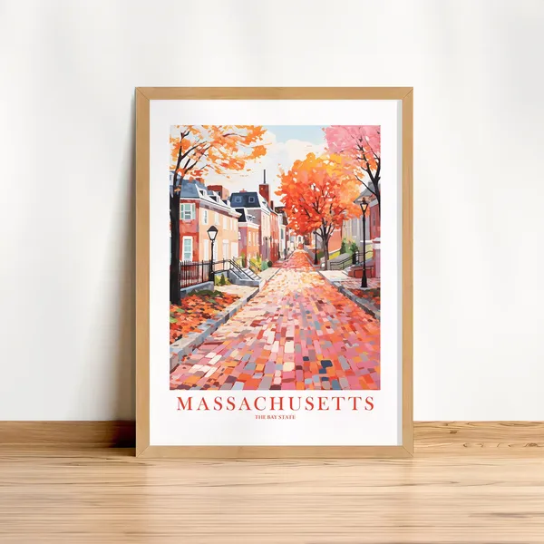 Massachusetts Retro Travel Poster, Bay State Landscape