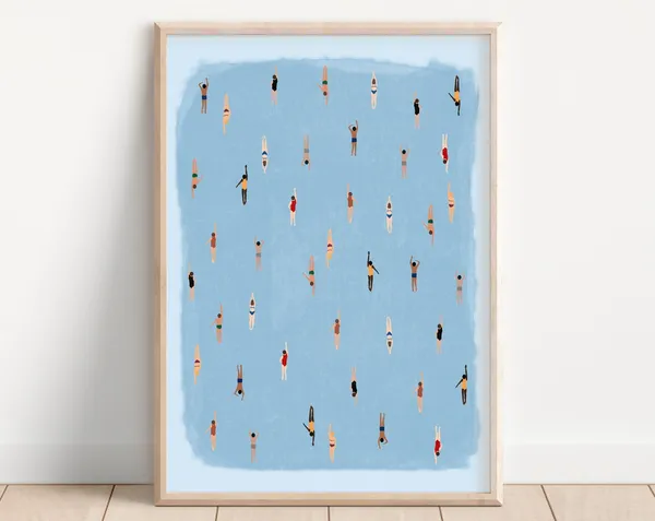 Swimming In Watercolor Art Print, Minimalist Beach House Decor