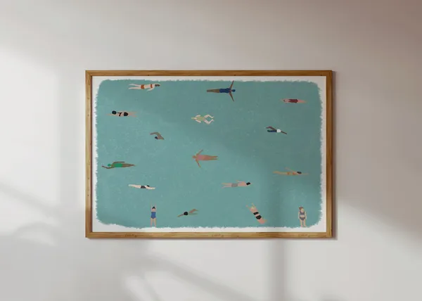 Tiny People Swimming In Pool, Minimalist Water Art Print