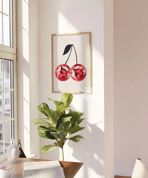 Retro Disco Ball Cherry Print, Preppy Bar Cart Art