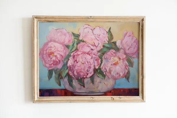 Pink Peony Painting, Vintage Apartment Decor Print