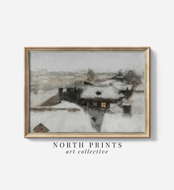 Rustic Winter Cityscape Vintage Art Print