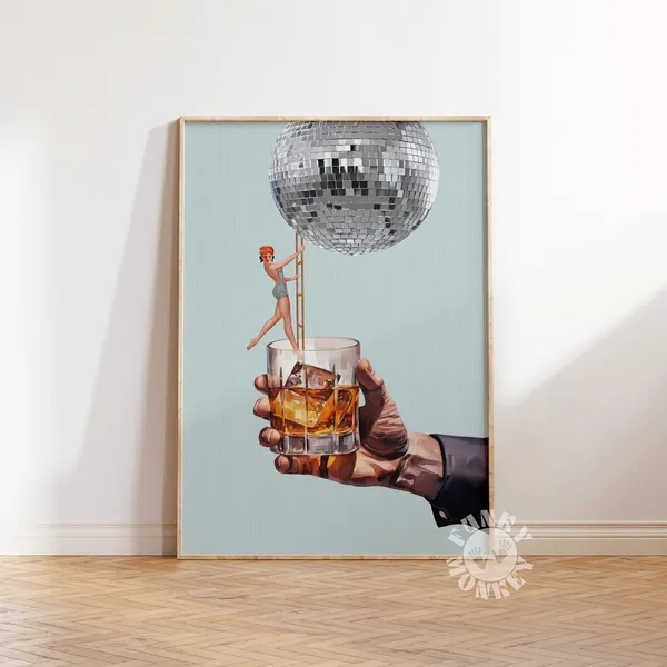 Retro Bar Cart Disco Whiskey Collage Poster