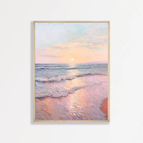 Pastel Beach Painting, Vintage Coastal Seascape Print