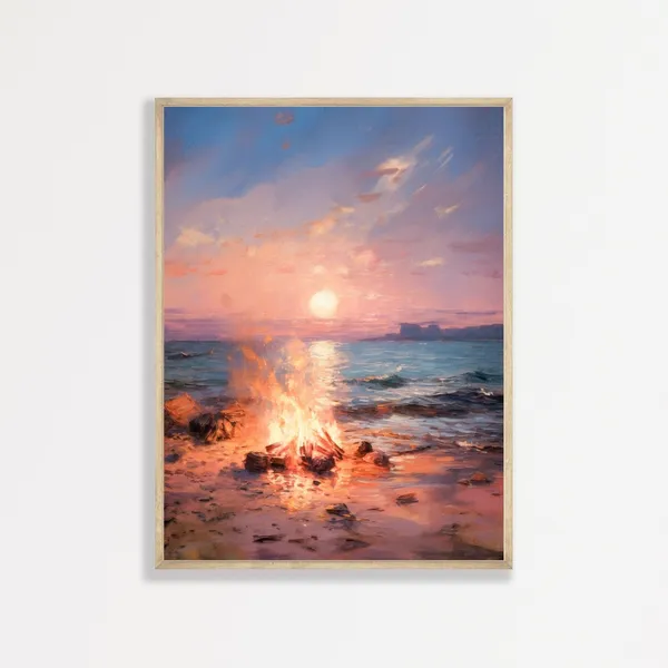 Beach Bonfire, Retro Coastal Landscape Art Print