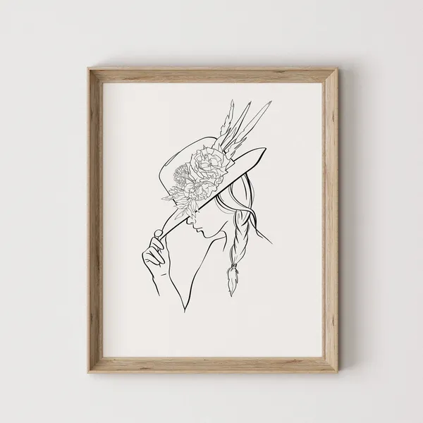 Cowgirl Flower Hat Line Art, Western Art Print
