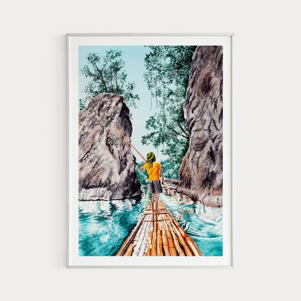 Jamaica Bamboo Rafting Watercolor Travel Poster