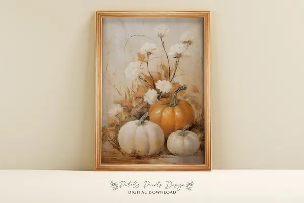 Pumpkin Still Life Painting, Rustic Autumn Art Print