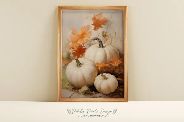 Fall Pumpkin Still Life Painting, Vintage Autumn Print
