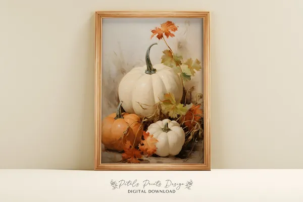 Pumpkin Still Life Painting, Rustic Fall Wall Print
