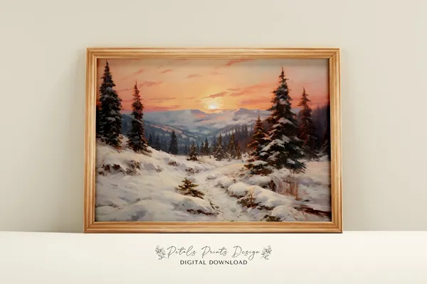 Rustic Winter Landscape Vintage Poster, Farmhouse Decor
