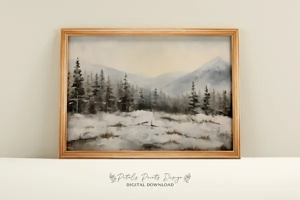 Vintage Winter Landscape, Farmhouse Christmas Wall Print