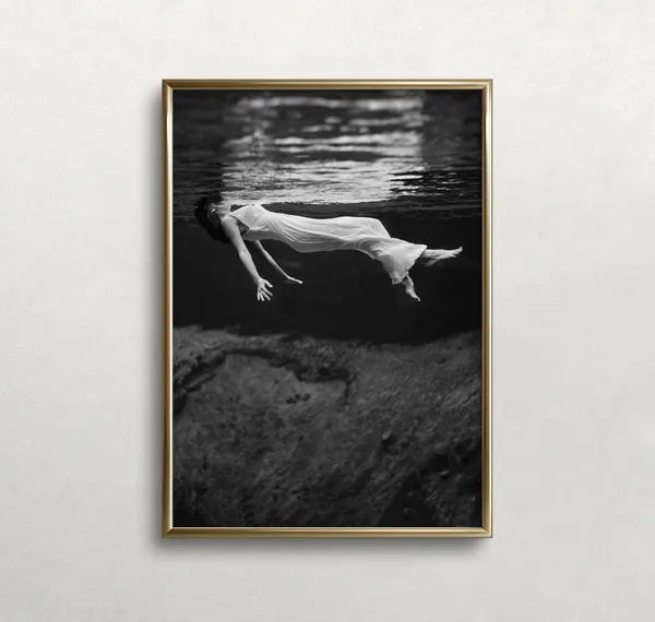 Woman Floating Underwater, Vintage Black And White Art Print