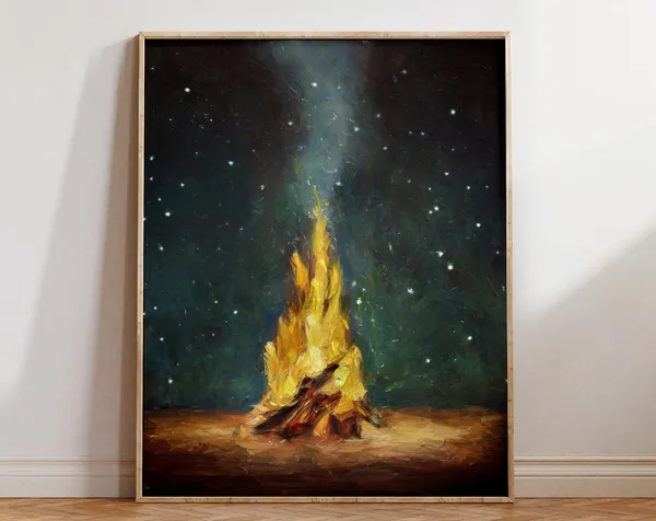 Campfire Forest Camping Vintage Style Art Print