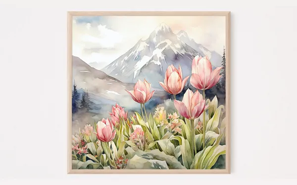 Tulips Flowers Alaska Mountain Landscape Watercolor Art Print