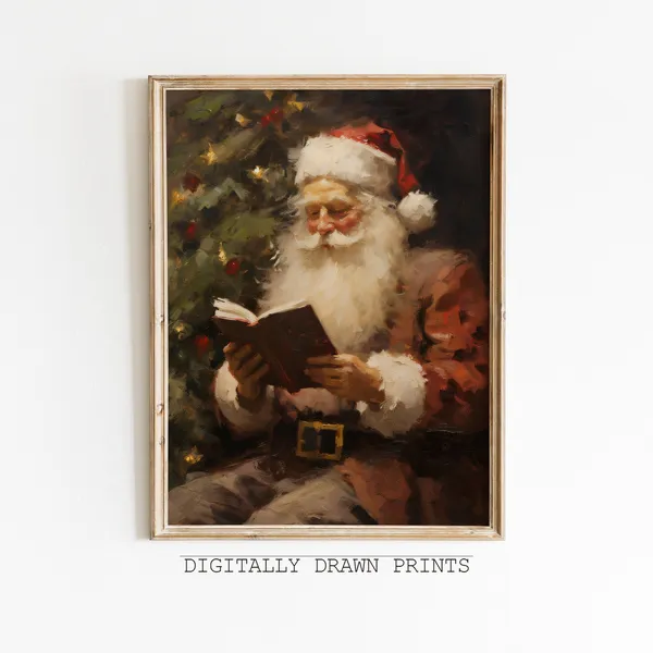 Santa Reading Book Vintage Christmas Wall Art