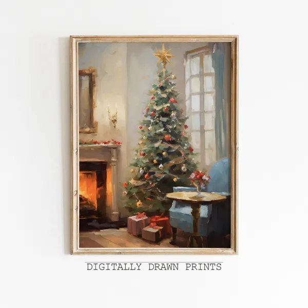 Vintage Christmas Tree Oil Painting, Farmhouse Decor