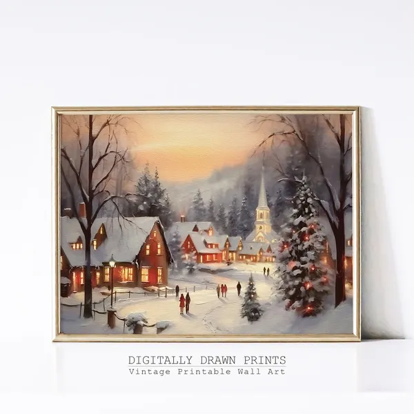 Christmas Village Oil Painting, Farmhouse Holiday Art Print
