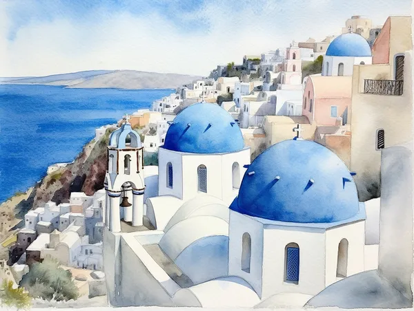 Santorini Watercolor Travel Poster, Greek Coastline