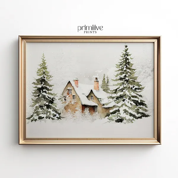 Winter Home Watercolor Art Print, Farmhouse Holiday Decor