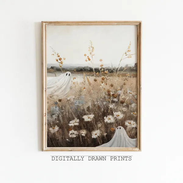 Cute Ghost Vintage Wildflower Oil Painting, Spooky Art