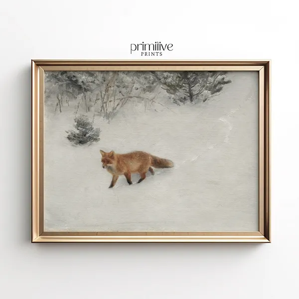 Winter Fox Painting, Vintage Wildlife Seasonal Art Print