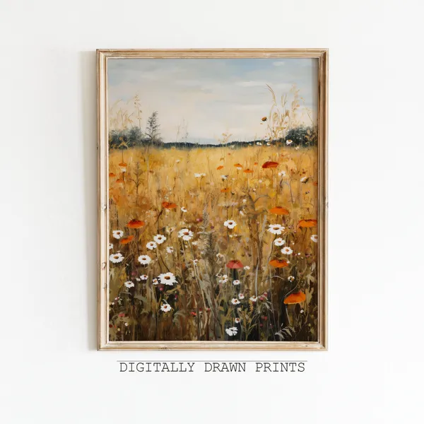Autumn Wildflower Field Landscape Vintage Art Print
