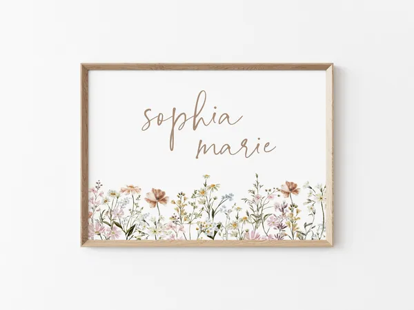Nursery Name Sign Girl Nursery Print, Botanical Wall Art