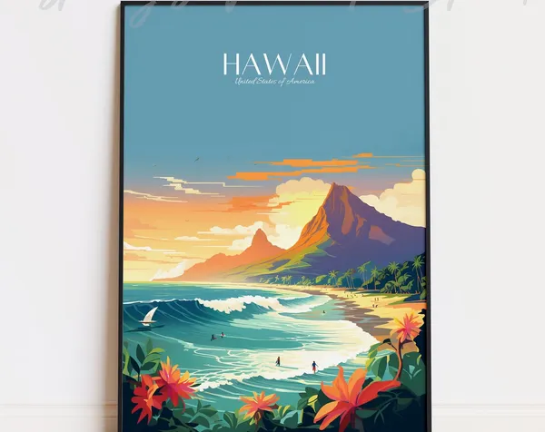Hawaii Vintage Travel Poster, Modern Home Decor